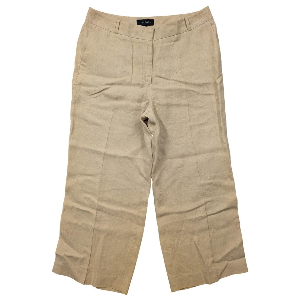 Talbots Pants Womens 10 Beige Linen Heritage Wide Leg Crop Flat Front Summer